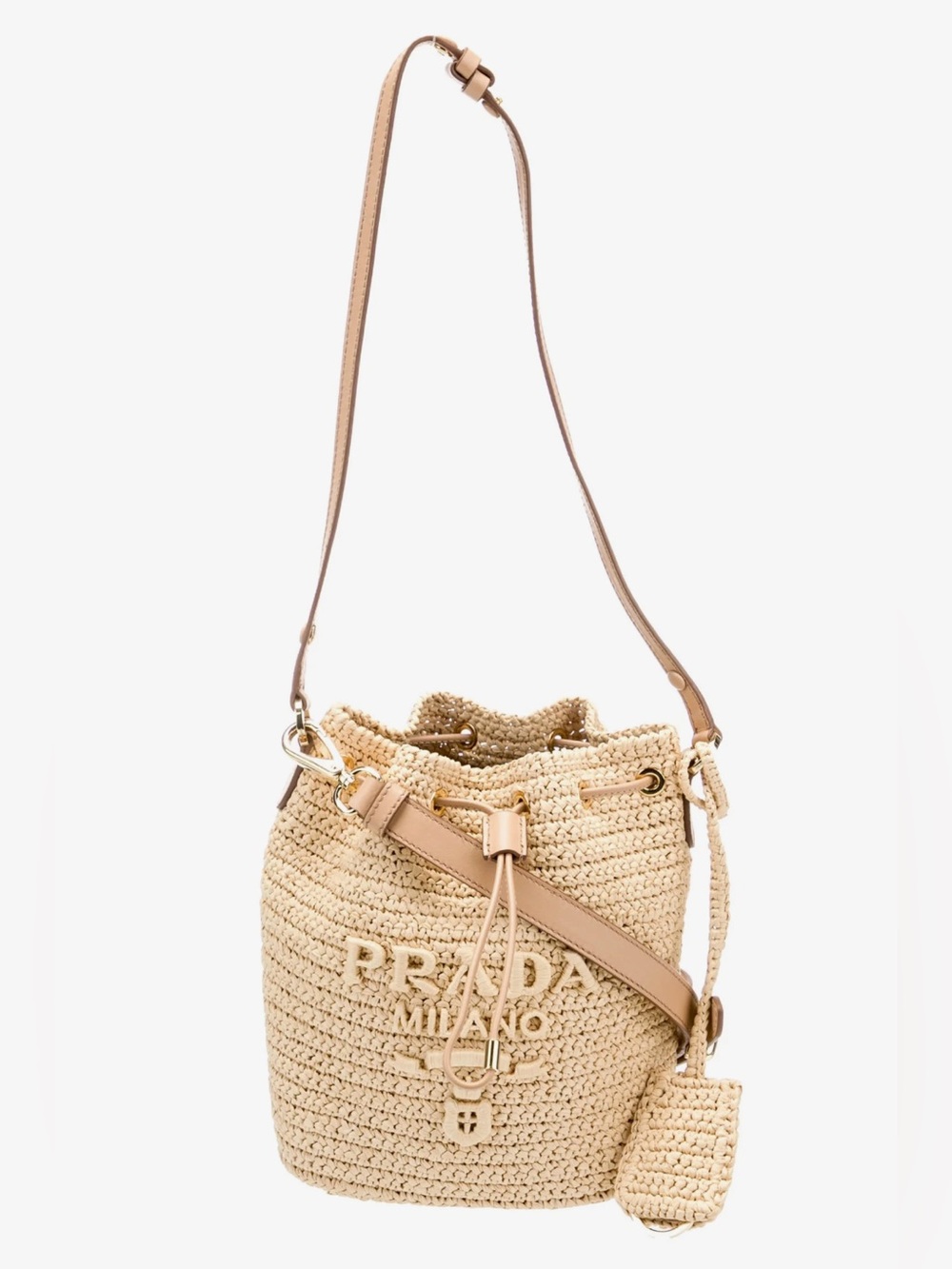 Prada Raffia Bucket Shoulder Bag in Beige with Leather Trim
